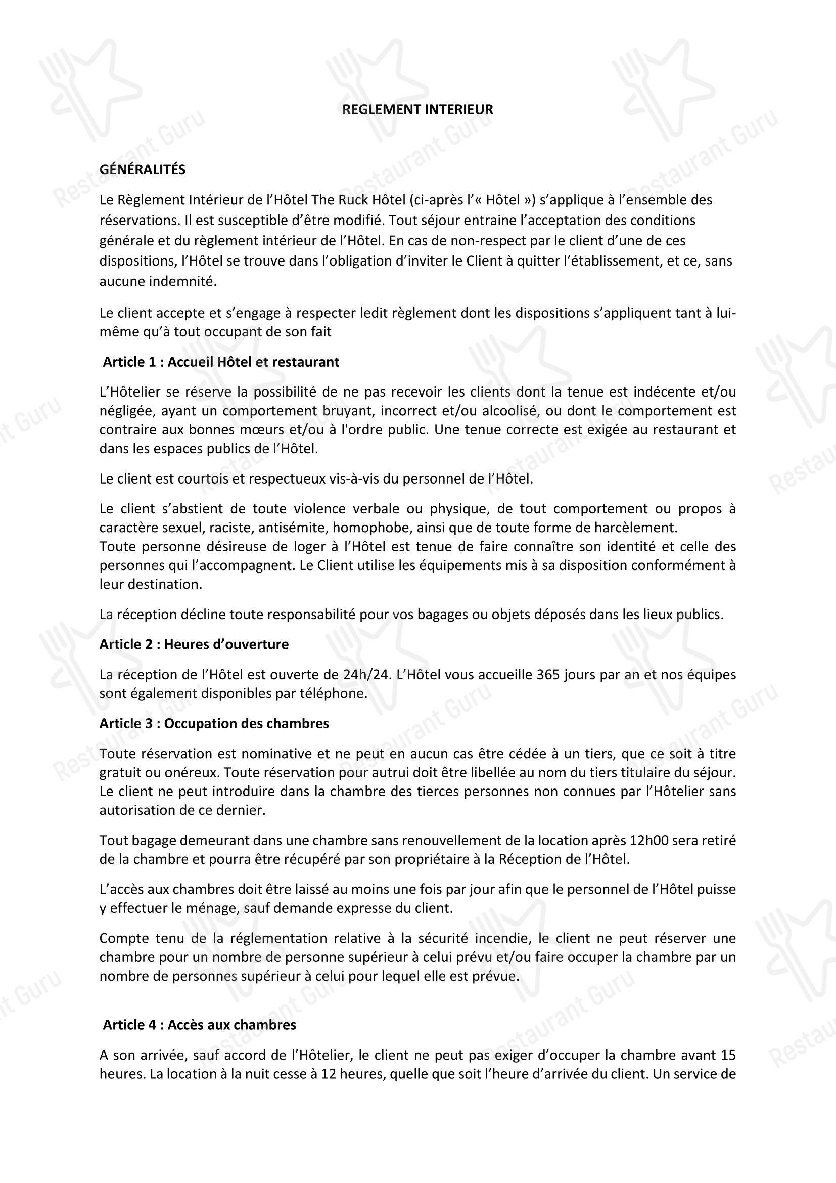 Menu pour The Ruck Hotel - Ночное меню