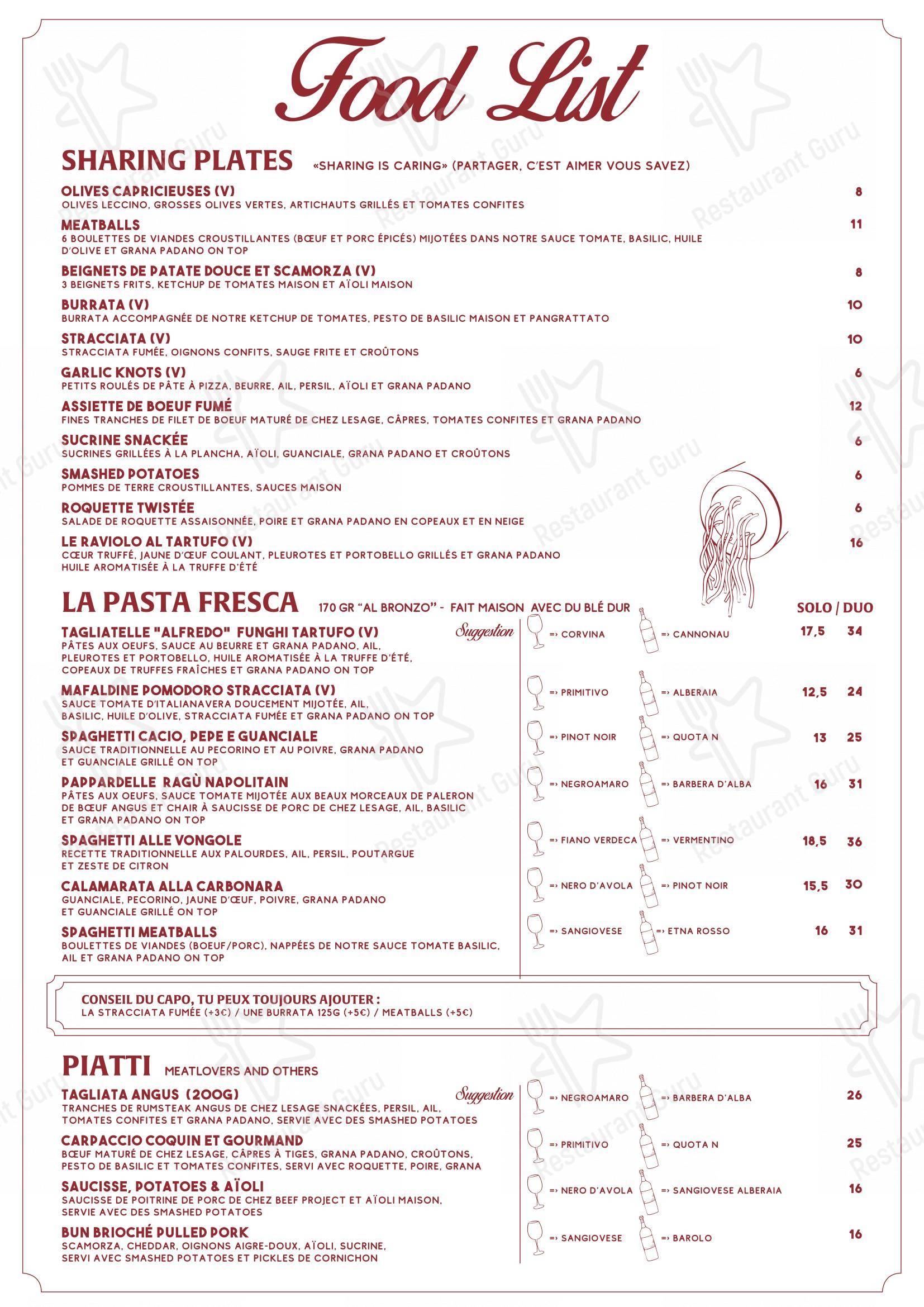 Menu bar pour Papà Raffaele pizzeria