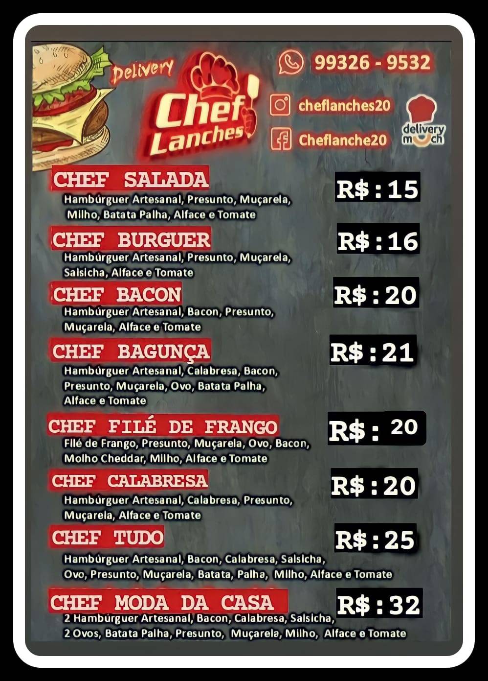 Chef Lanches cardápio