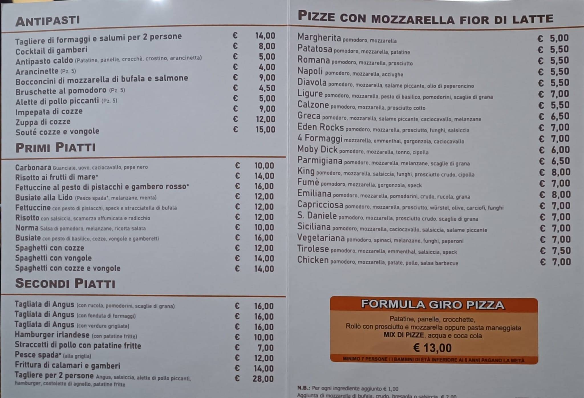 Menu di Eden Rocks 