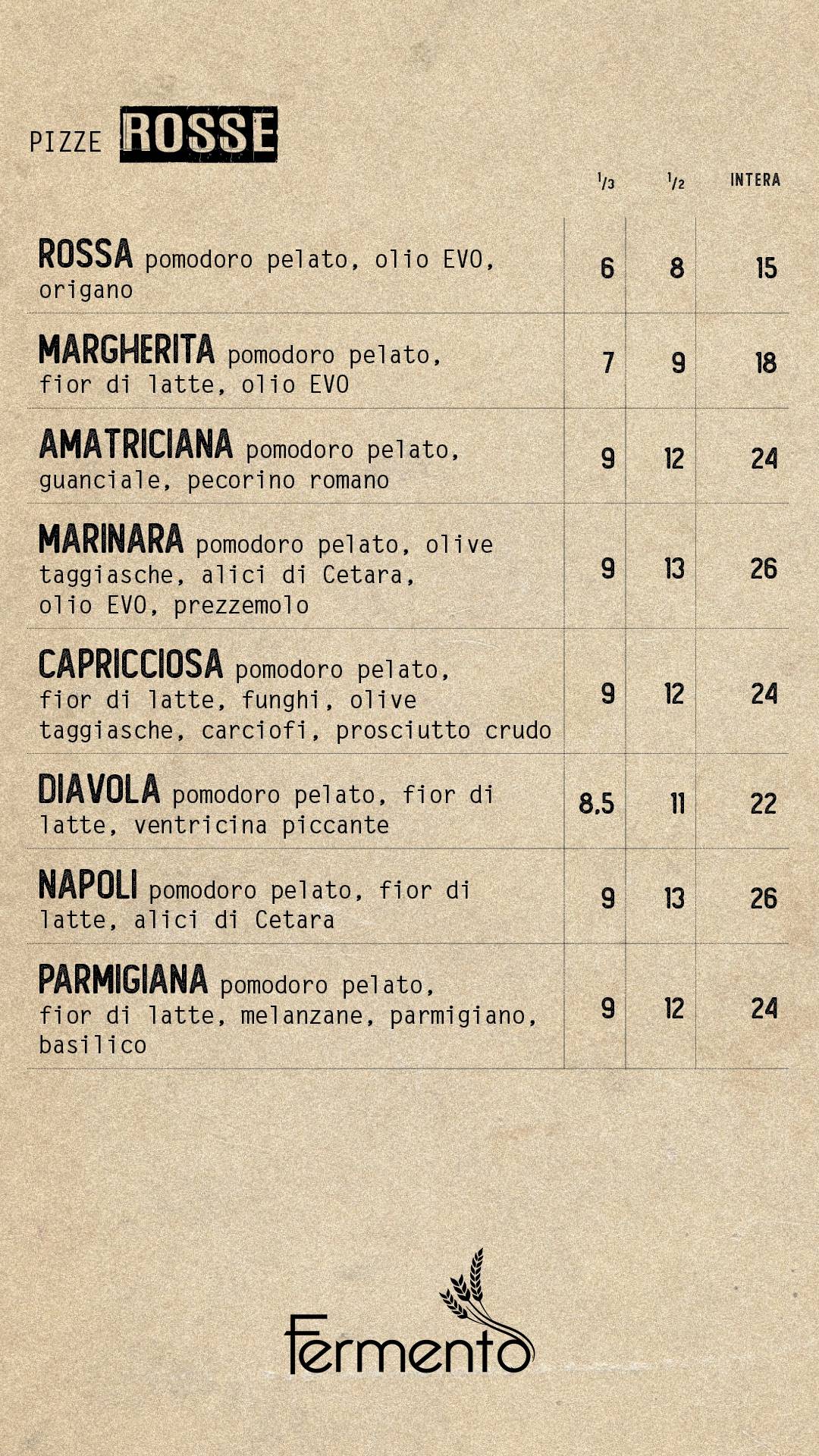 Menu di Fermento Roma 