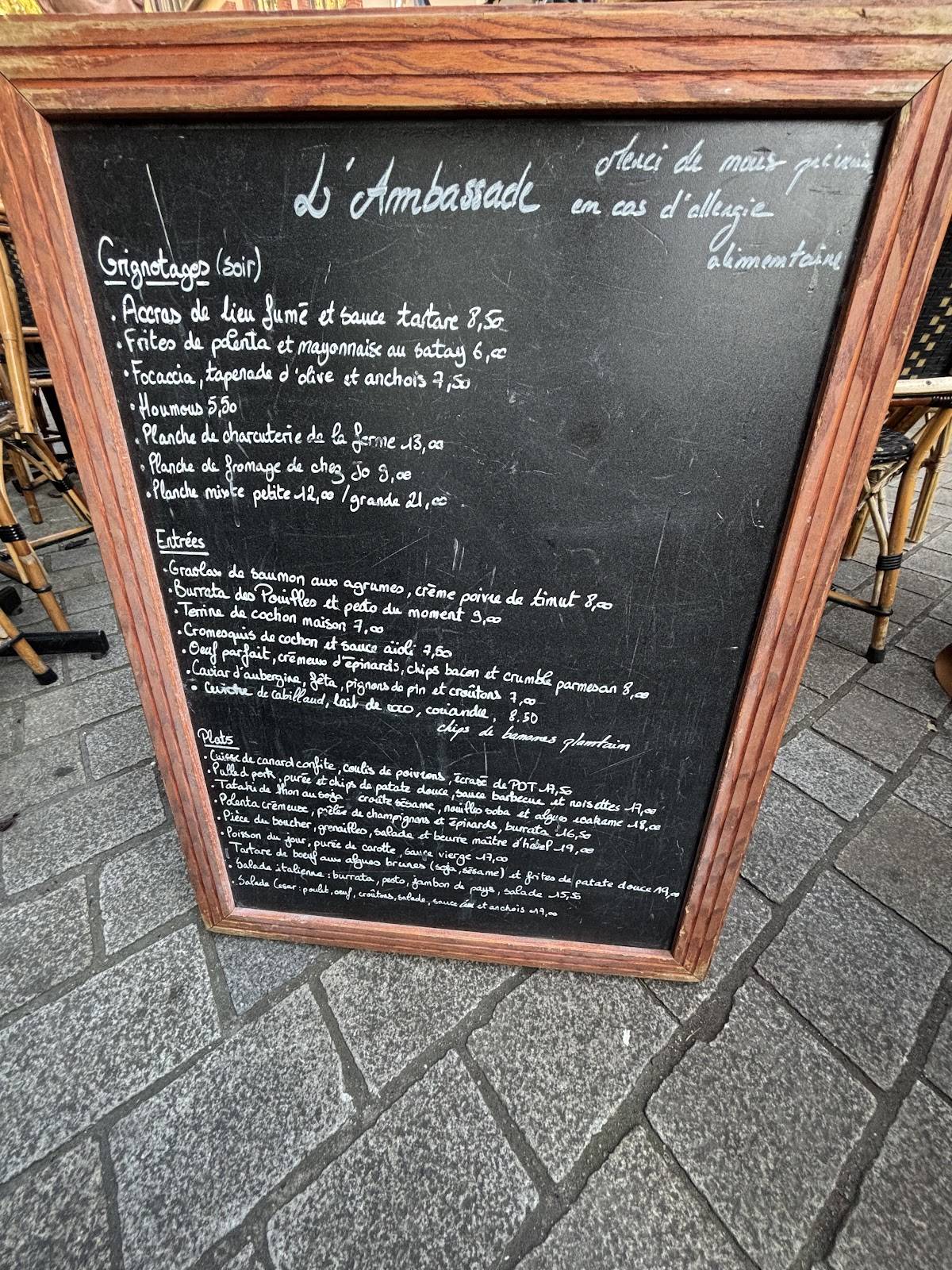 Menu de L'Ambassade de Rennes