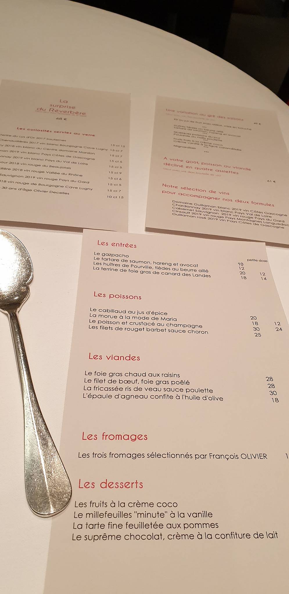 Menu de Le Réverbère