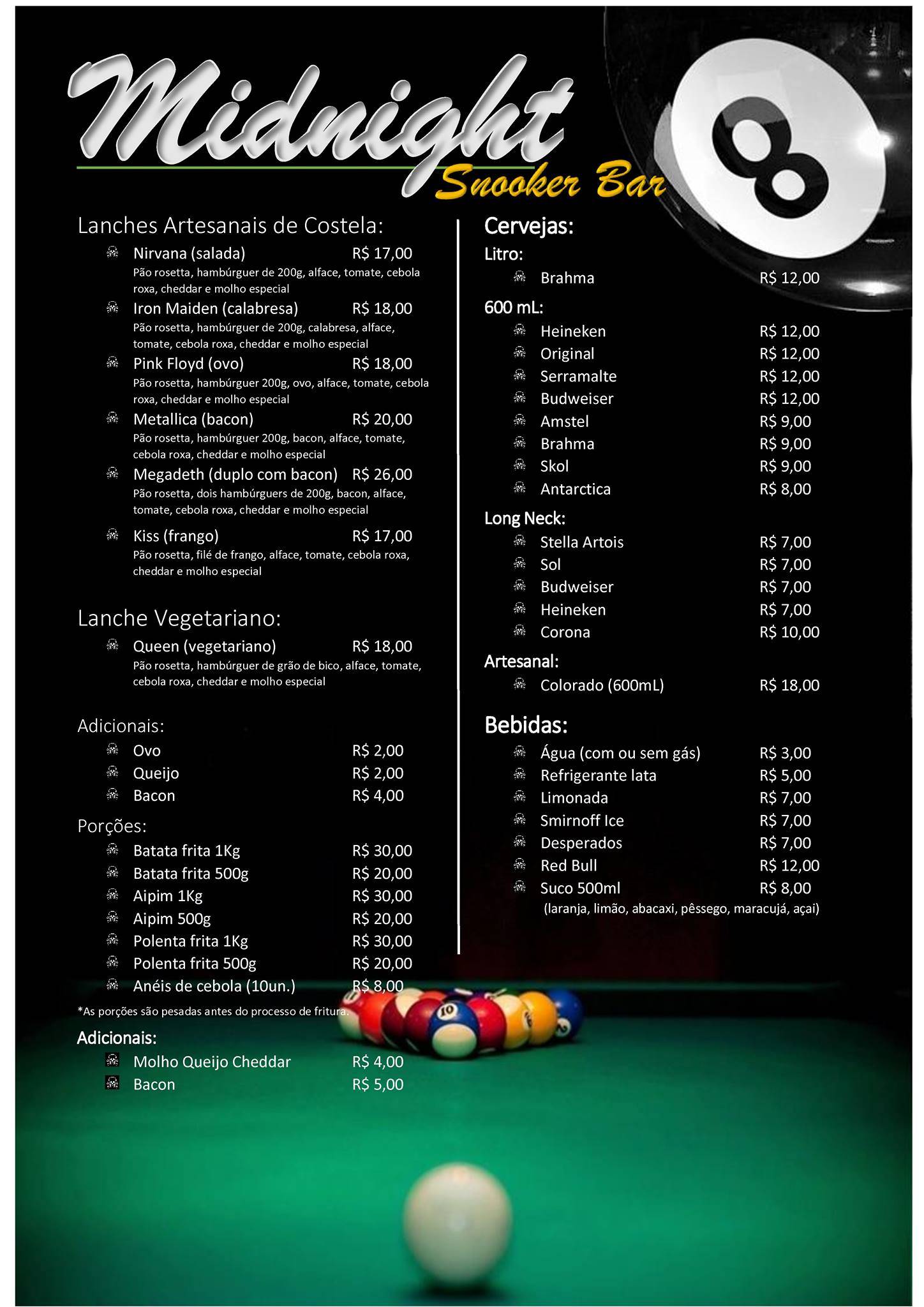 MIDNIGHT SNOOKER ROCK BAR cardápio