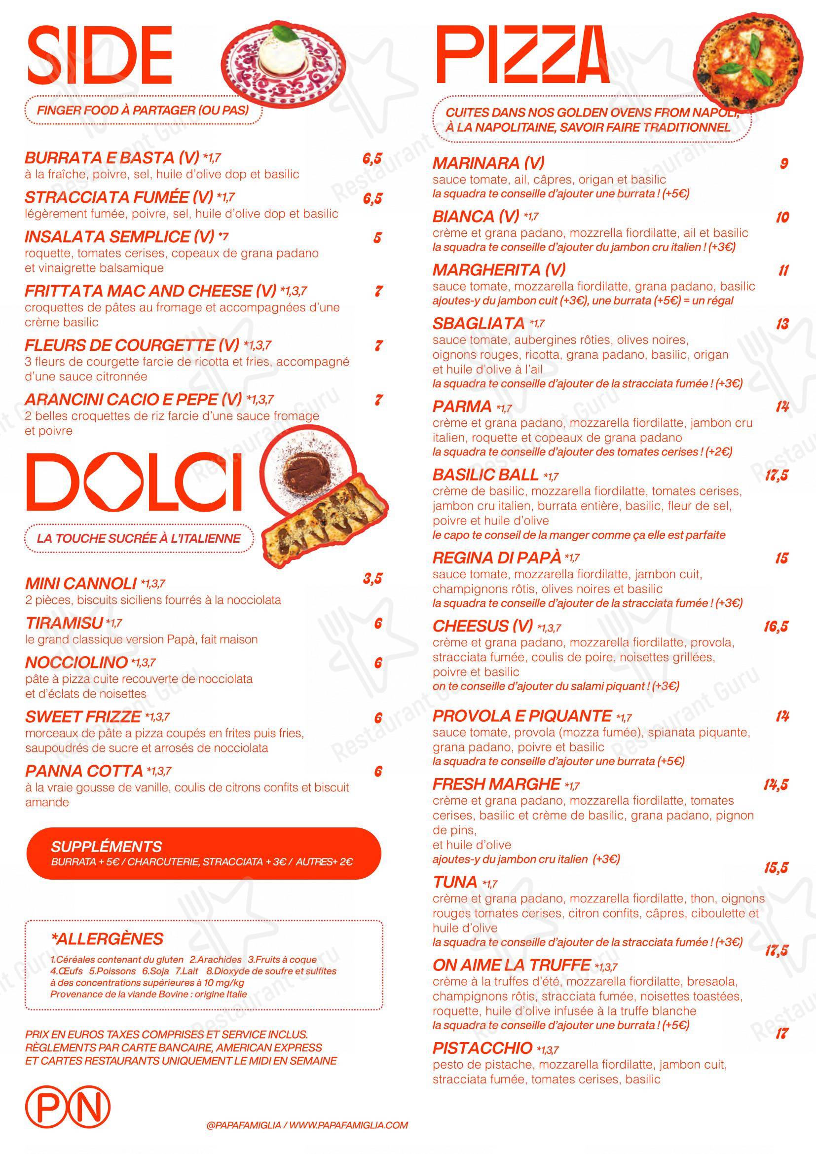 Dinner Menu pour Papà Raffaele dans Lille