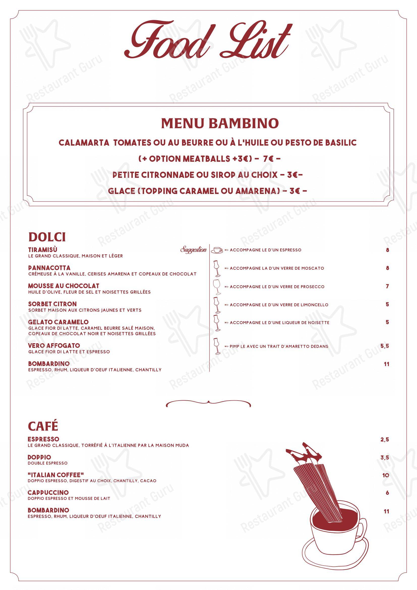 Menu bar pour Papà Raffaele dans Lille