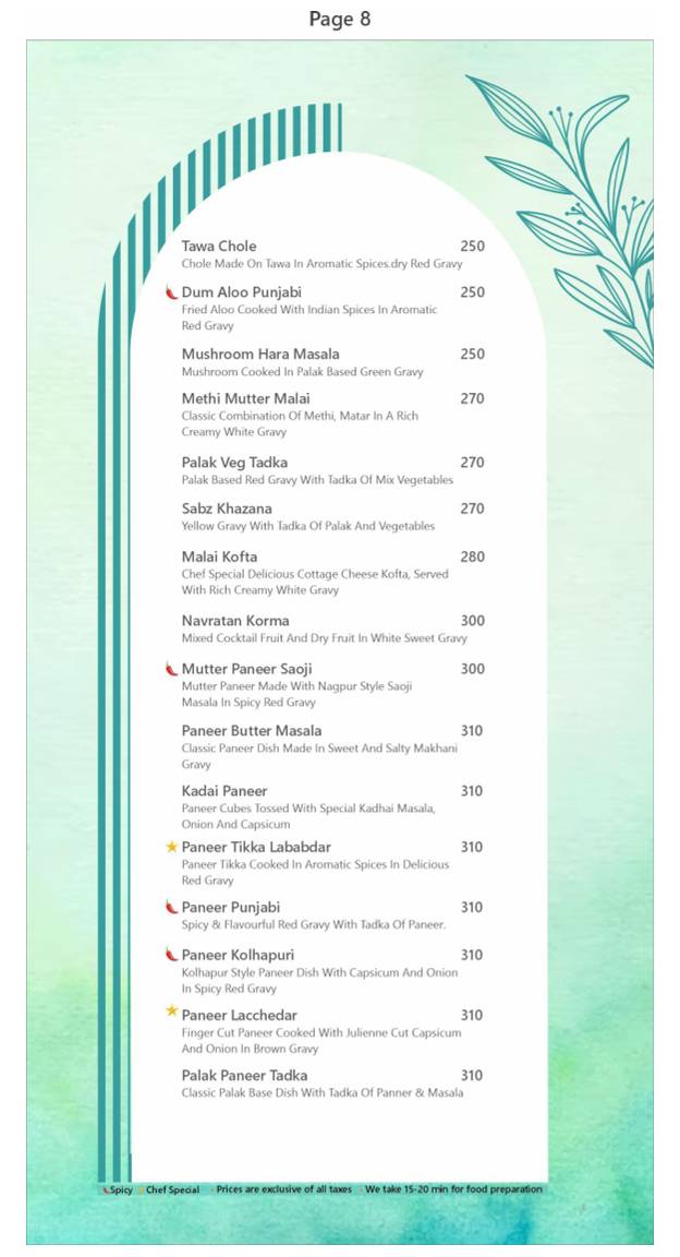R R Greens Pool & Restaurant menu