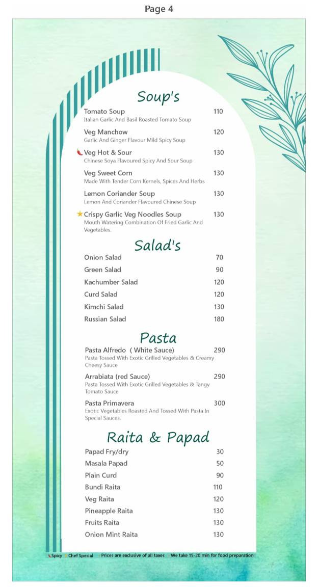 R R Greens Pool & Restaurant menu