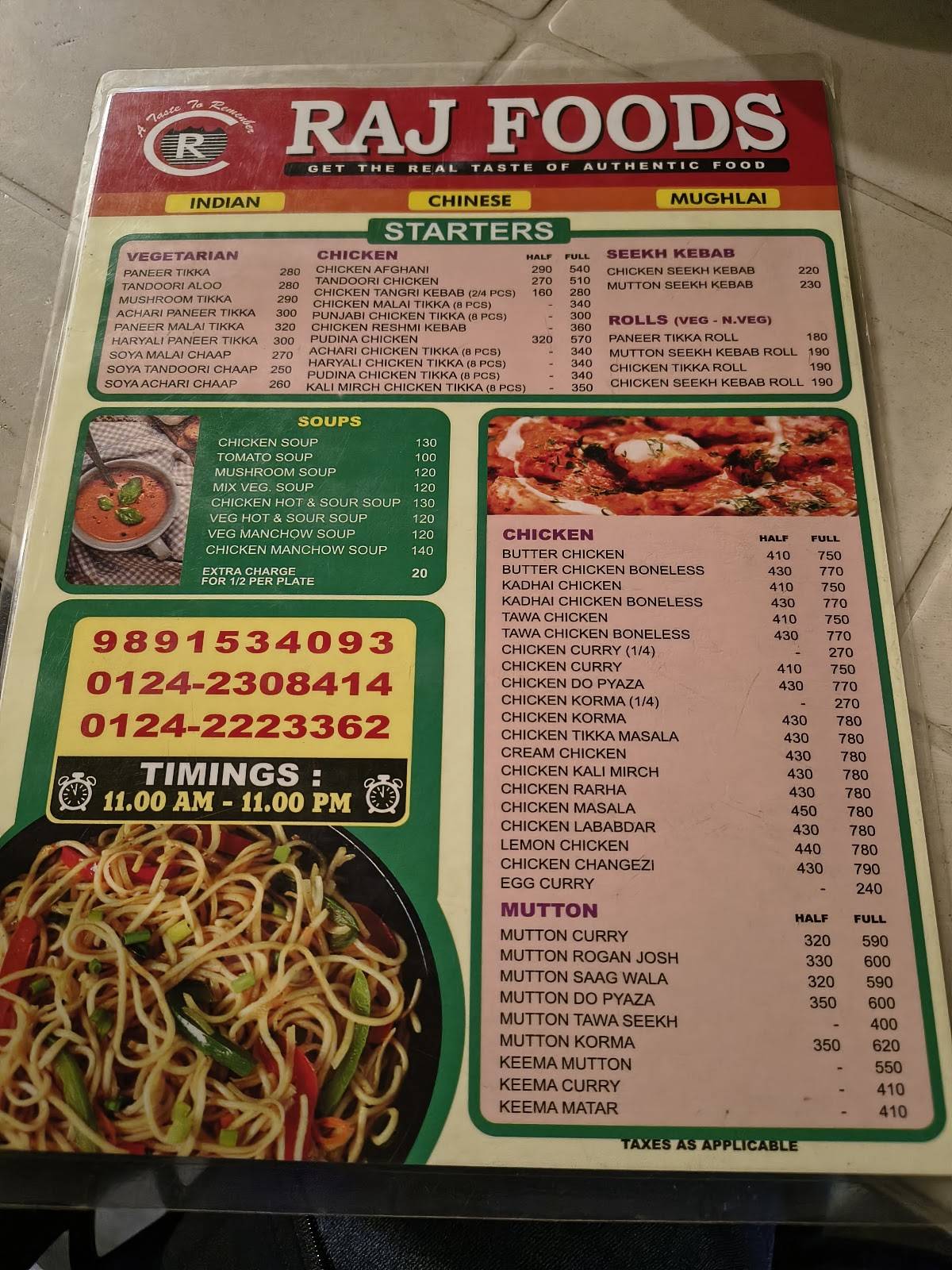 Raj Foods menu