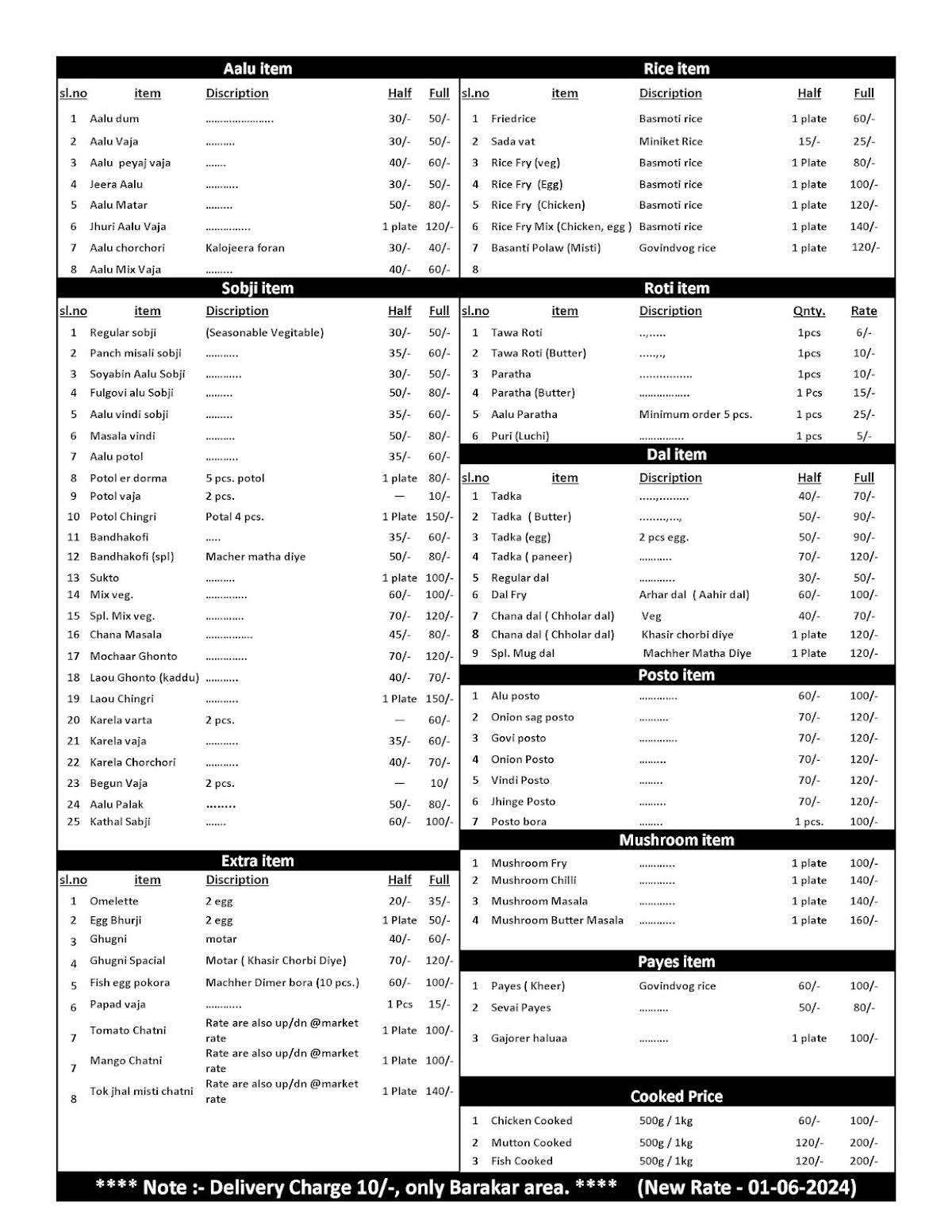 Rannar Rokomari (Barakar) menu