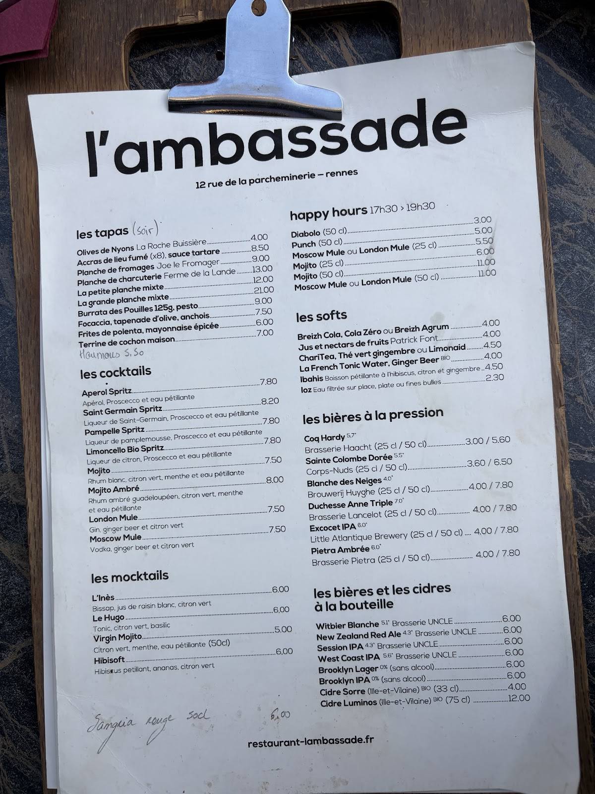 Menu de L'Ambassade de Rennes