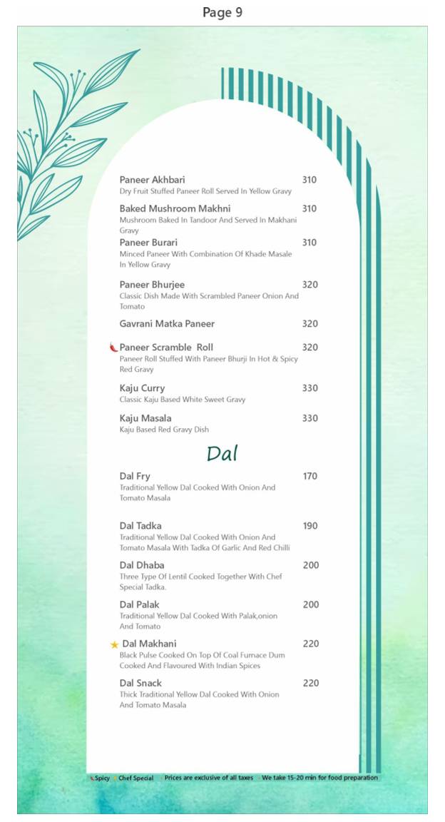 R R Greens Pool & Restaurant menu