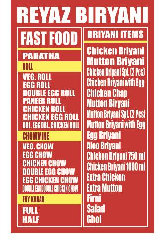 Reyaz Biryani menu
