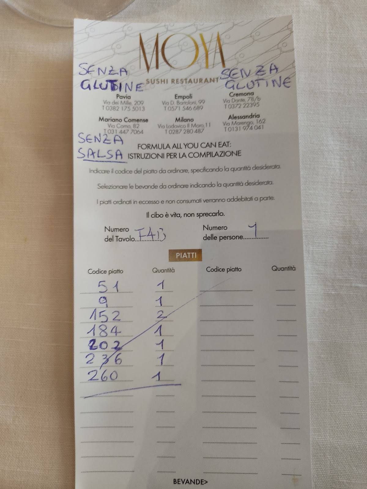 Menu di Moya Restaurant Pavia 