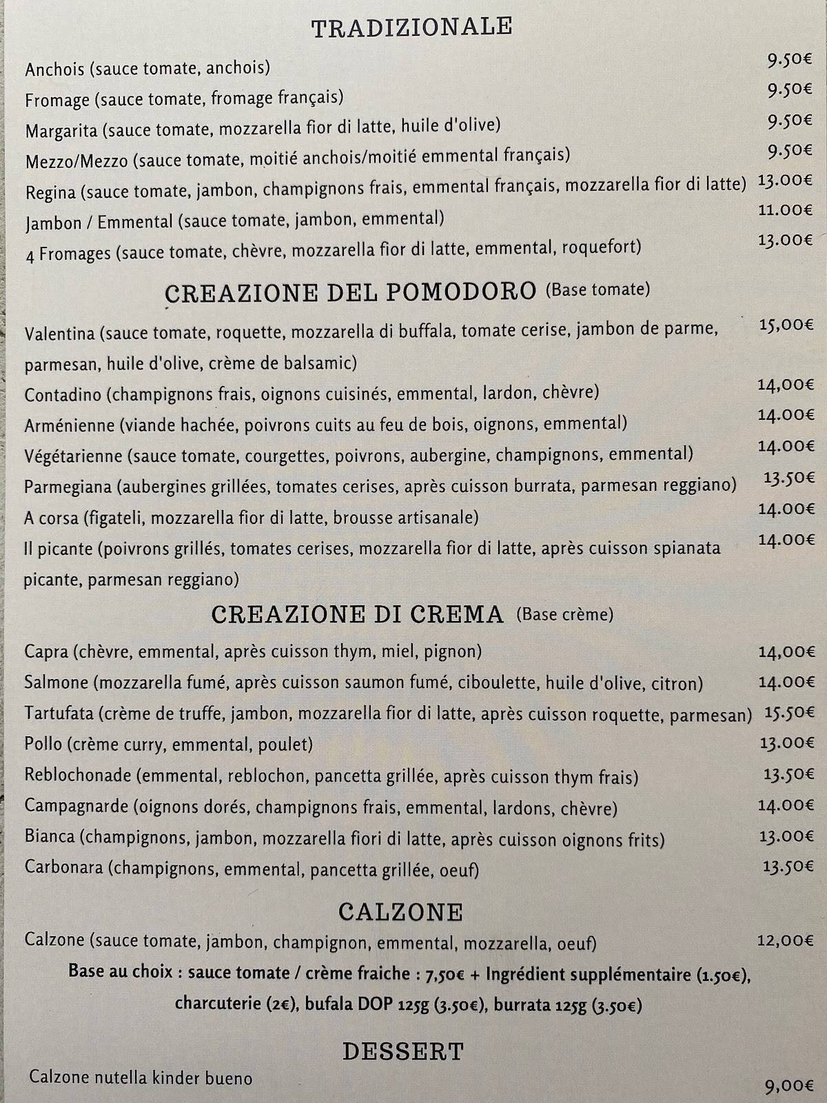 Menu de Rocca Pizza traiteur