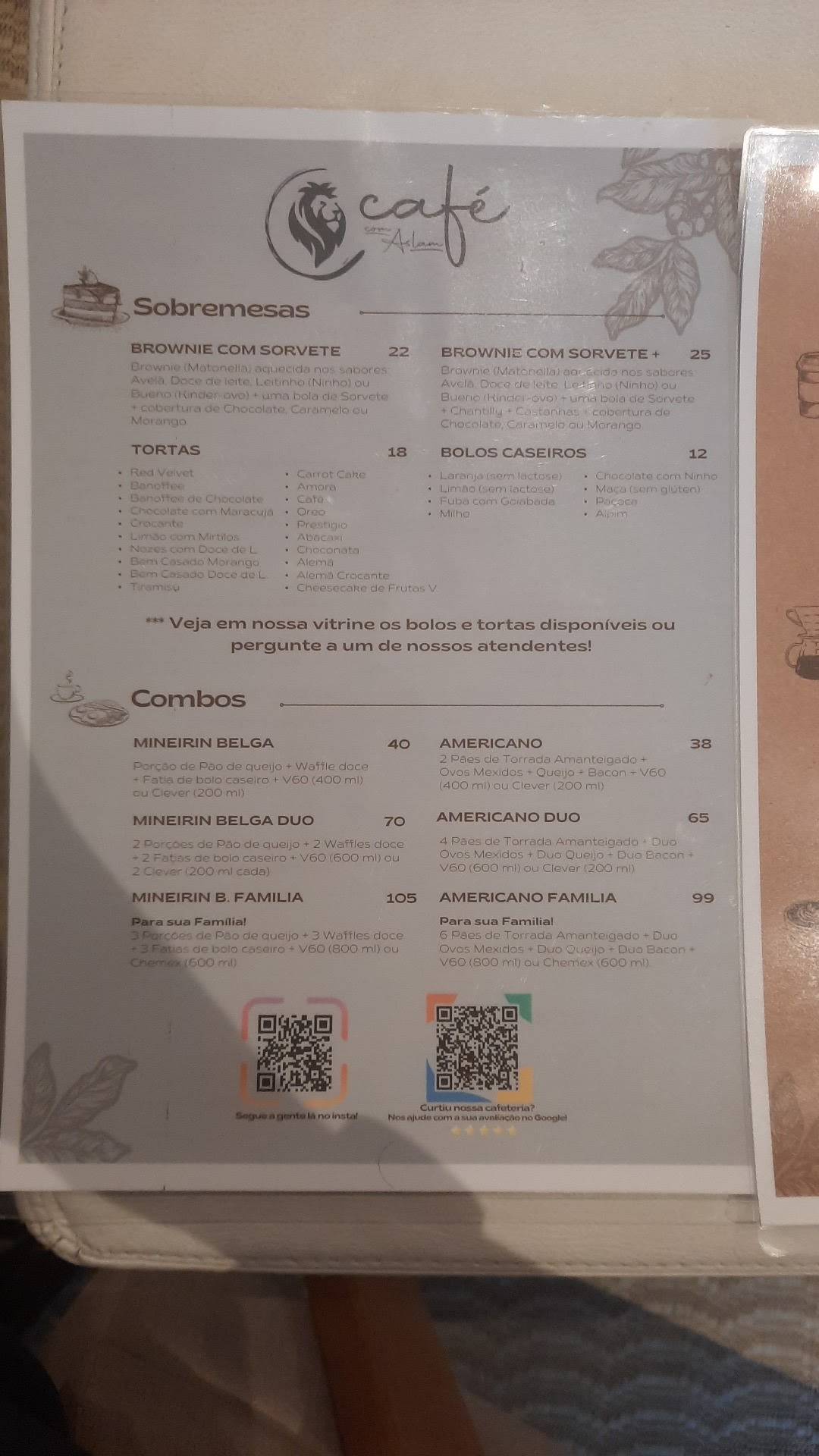 Café com Aslam cardápio