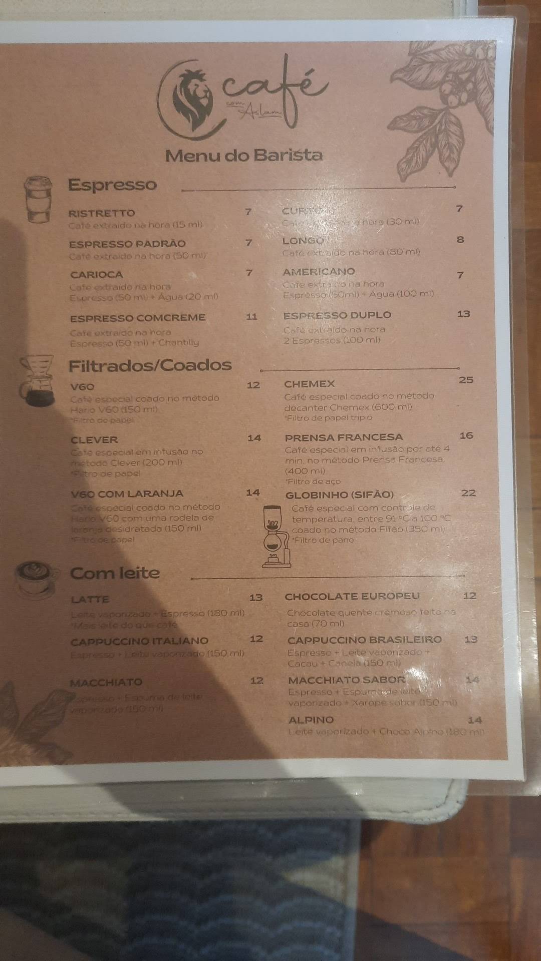 Café com Aslam cardápio