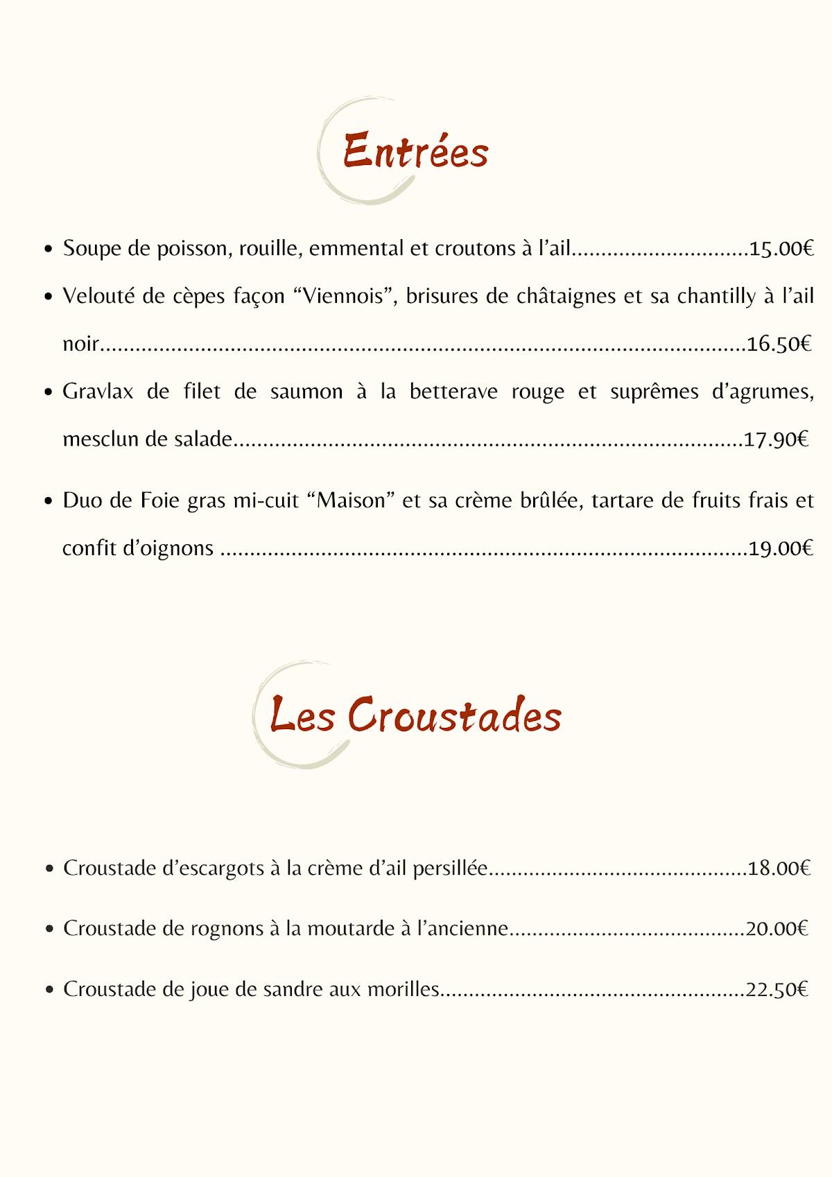 Menu de Les Terres Rouges