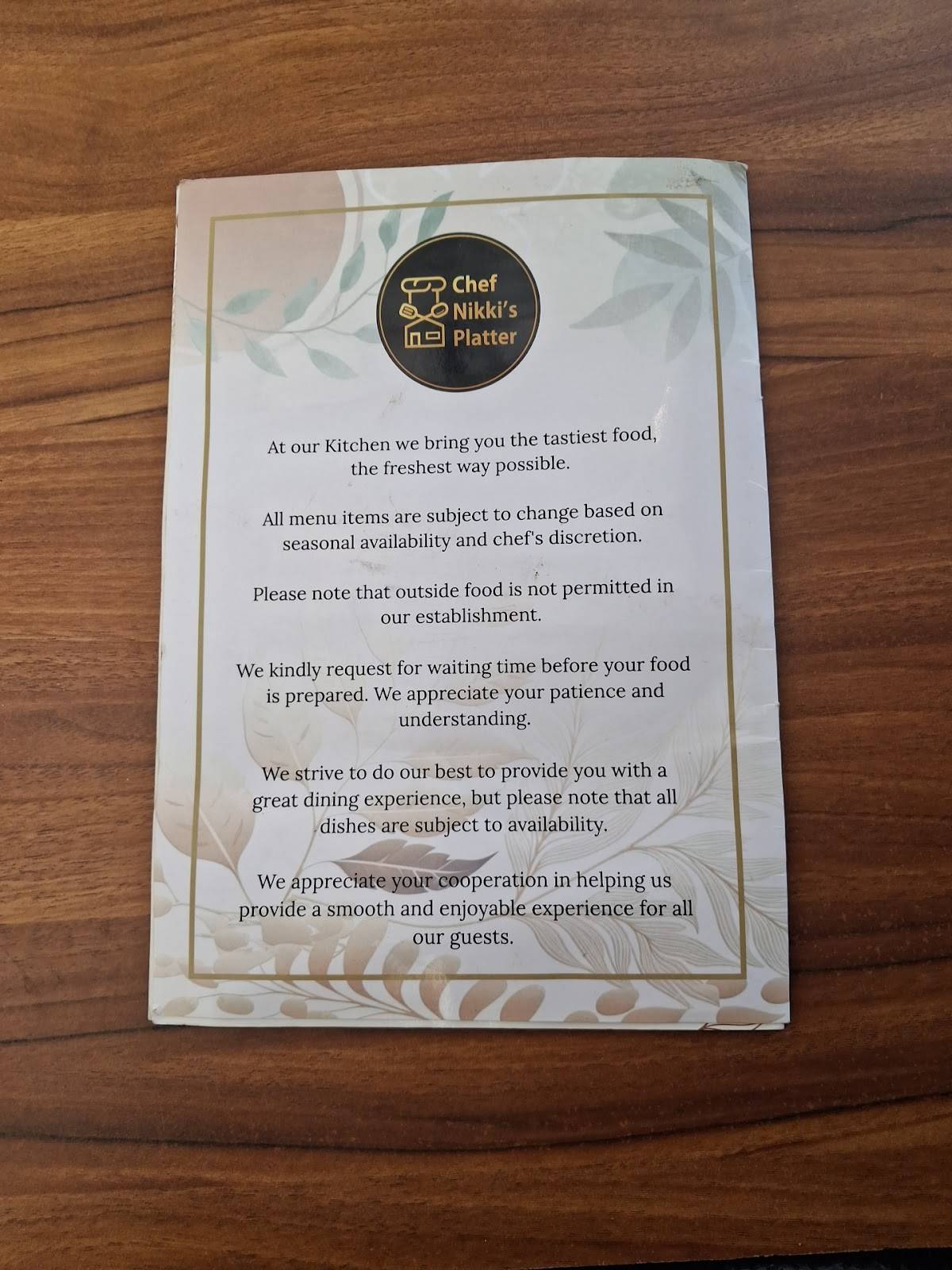 Chef Nikki's Platter (Rooftop Restaurant) menu