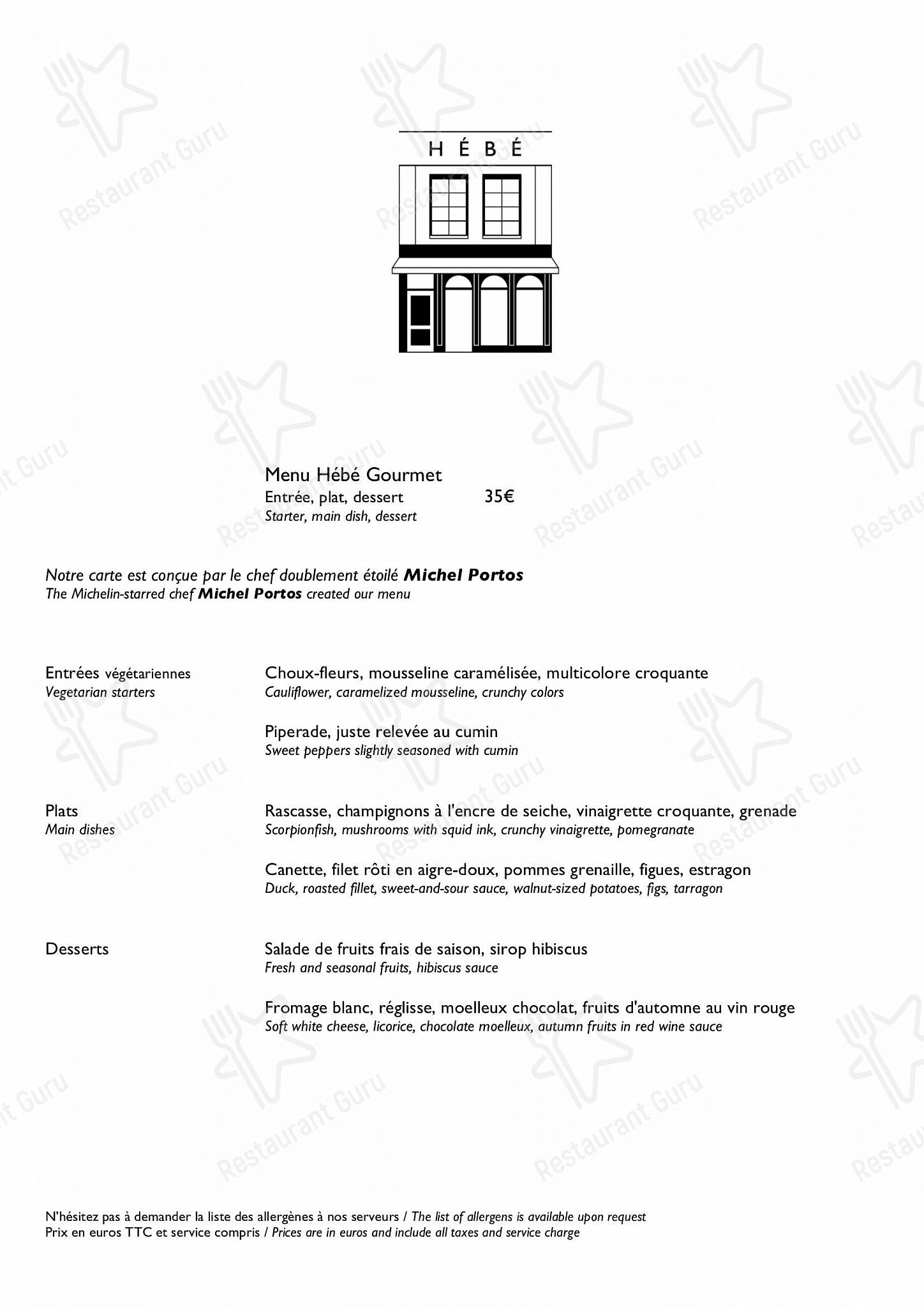 Menu pour HEBE restaurant - Paris - Day menu