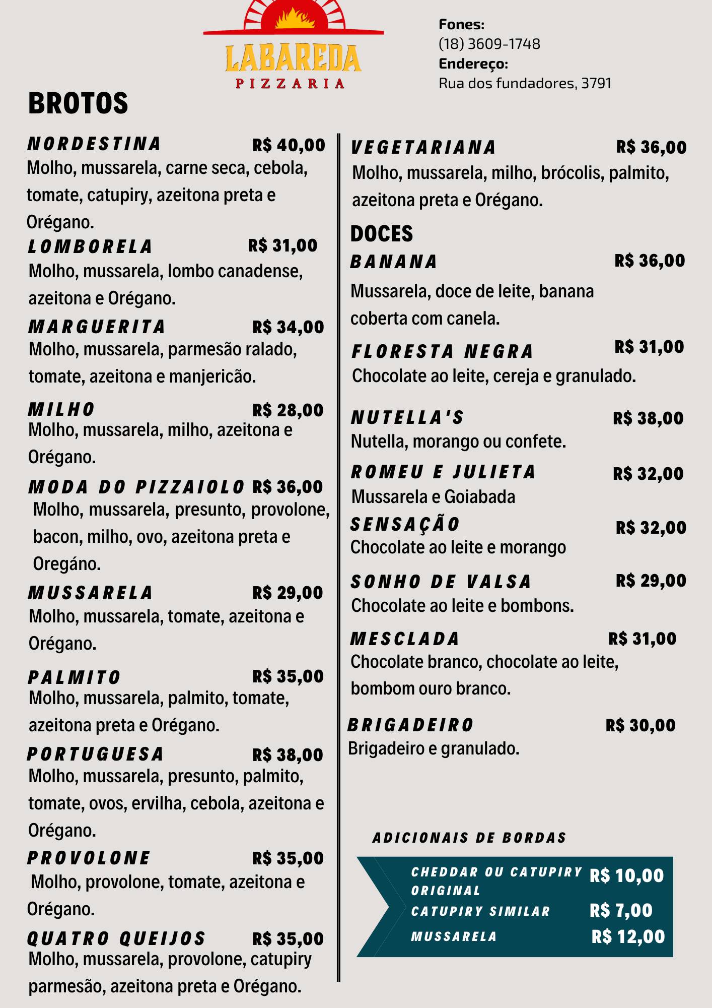 Labareda Pizzaria cardápio