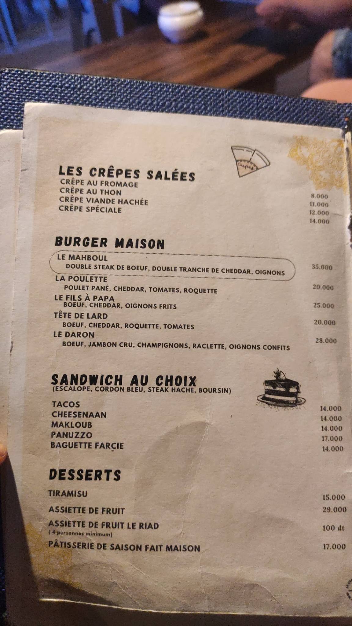 Menu de Le Riad Djerba