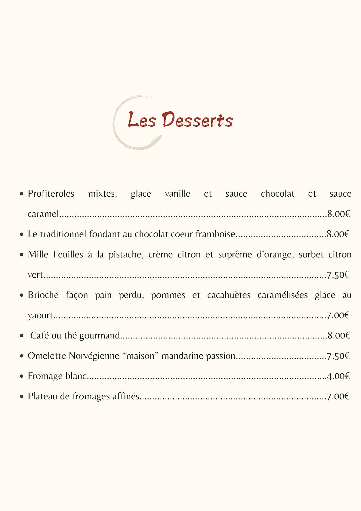 Menu de Les Terres Rouges