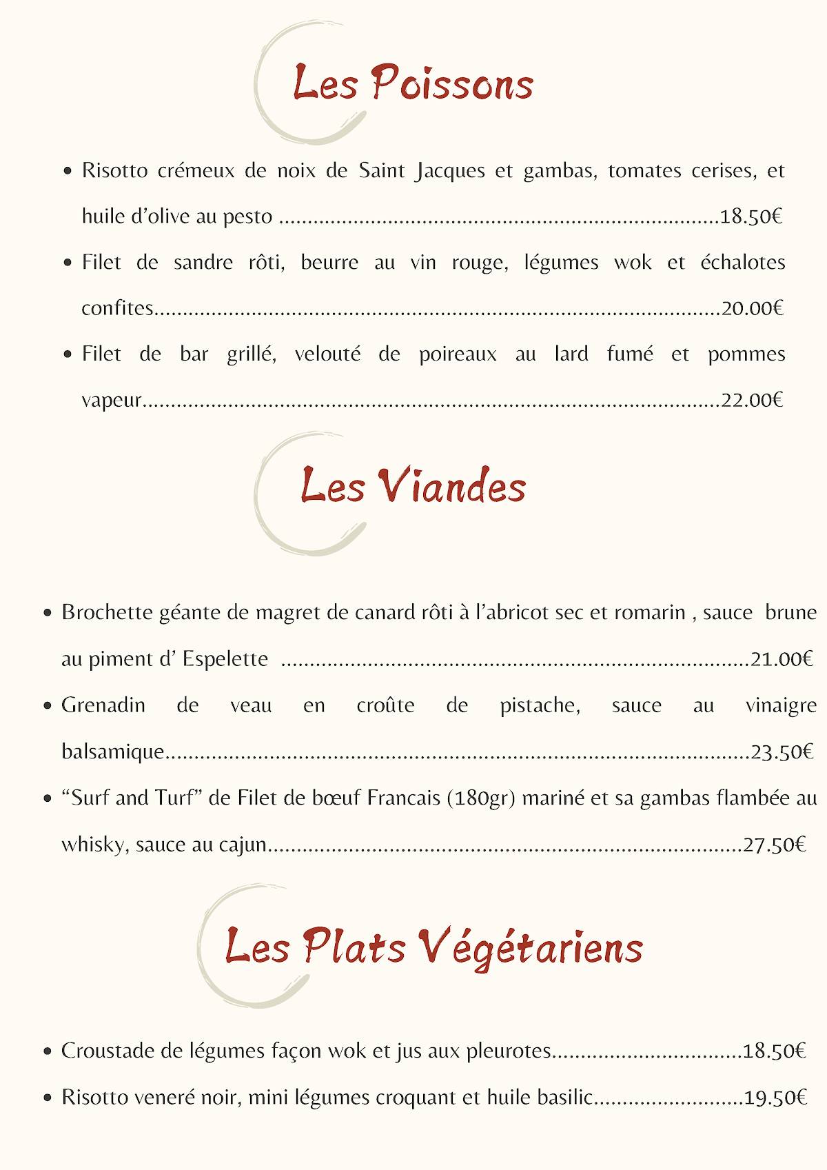 Menu de Les Terres Rouges