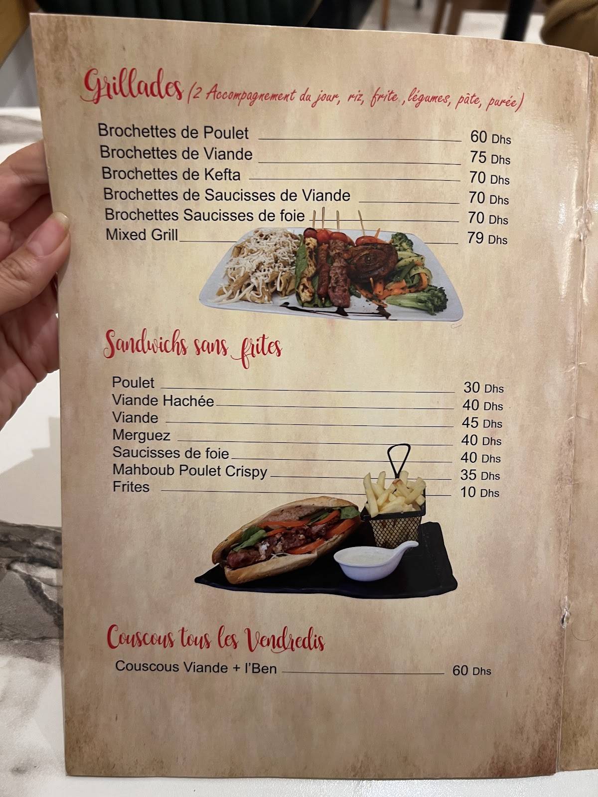 Menu de Mahboub