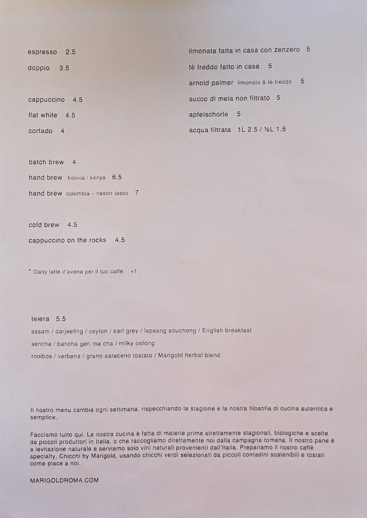 Menu di Marigold Roma 