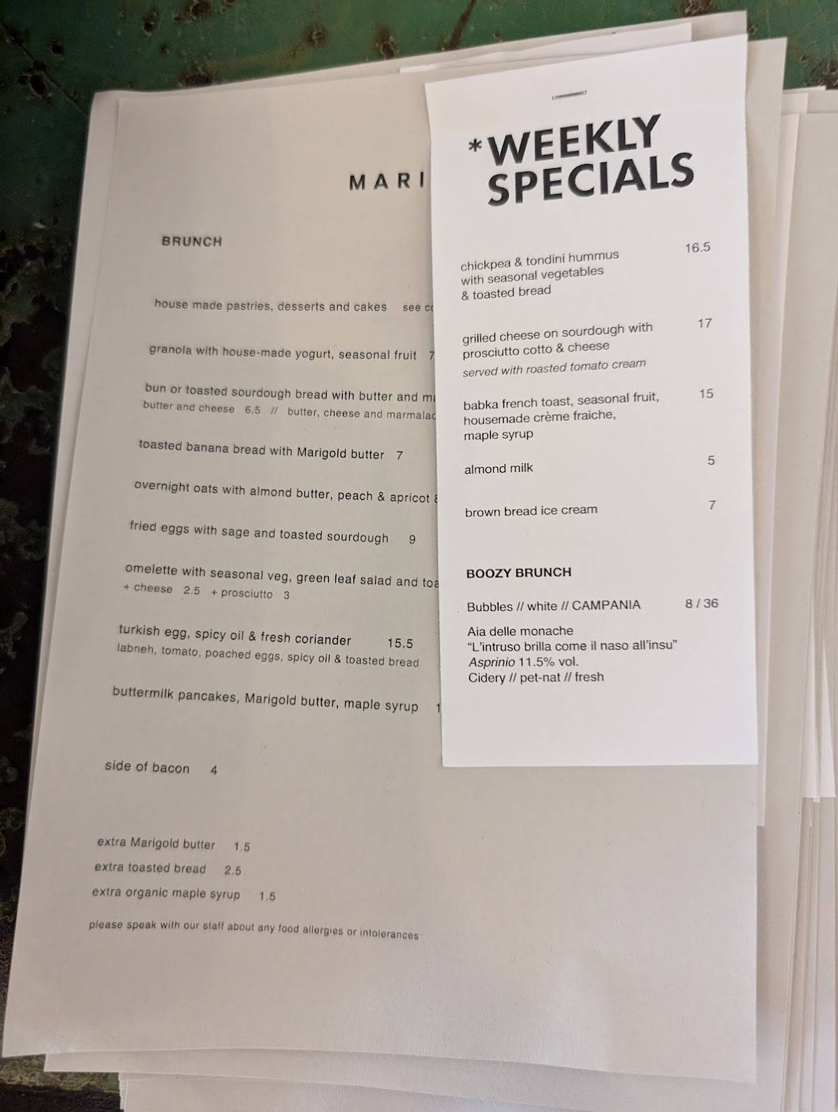 Menu di Marigold Roma 