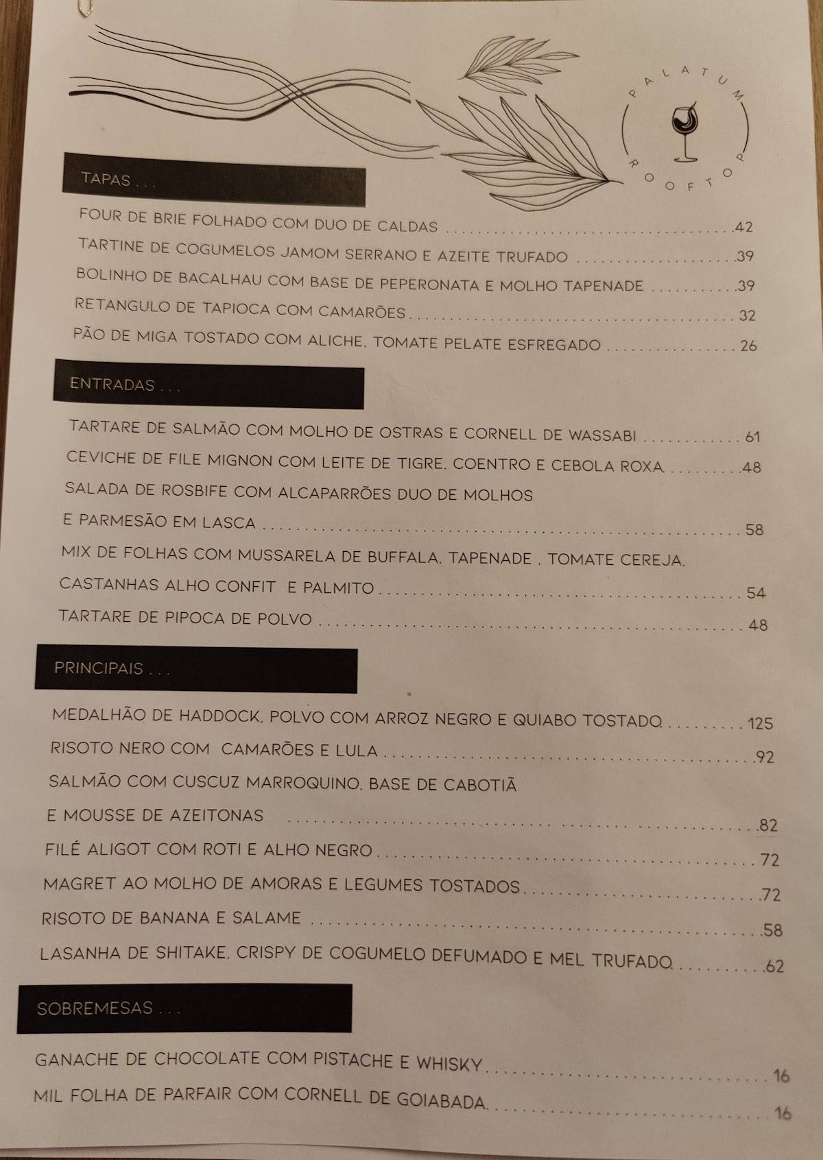 Palatum Rooftop cardápio