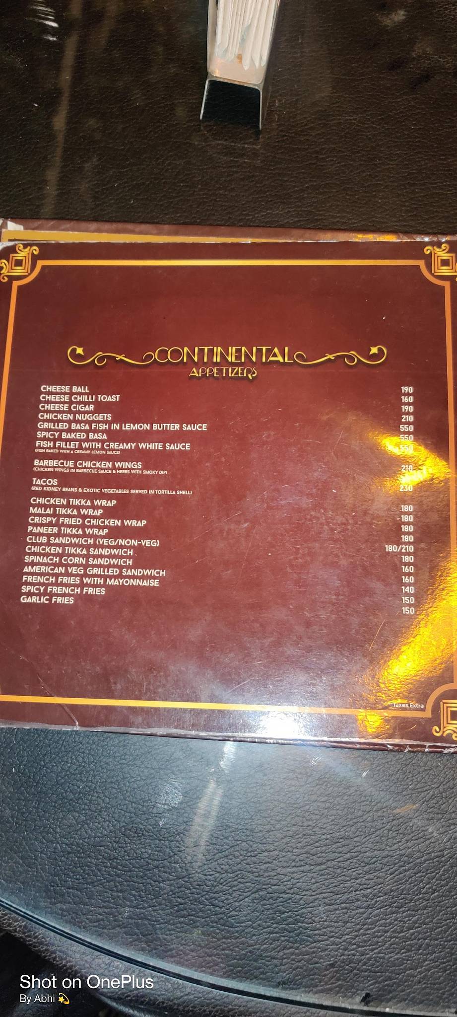 The Reef Rooftop Restaurant menu