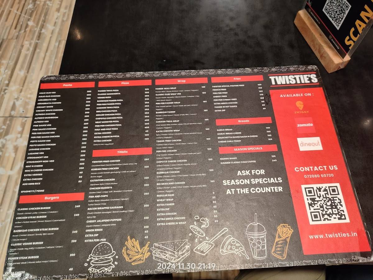 Twistie's menu