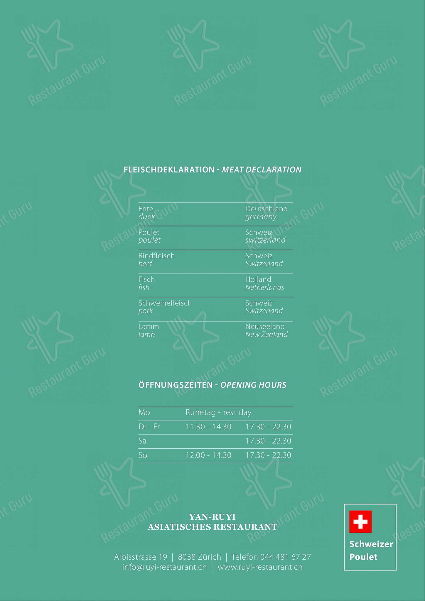 Table Menu per Yan-Ruyi Restaurant in Zurigo