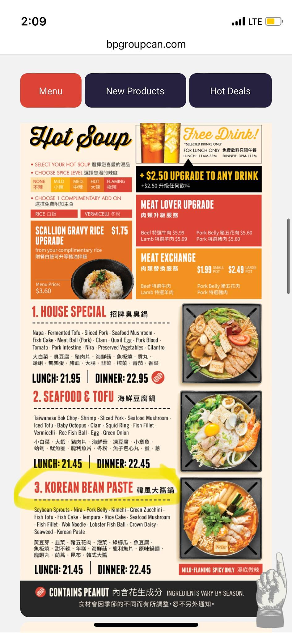 Menu de Boiling Point