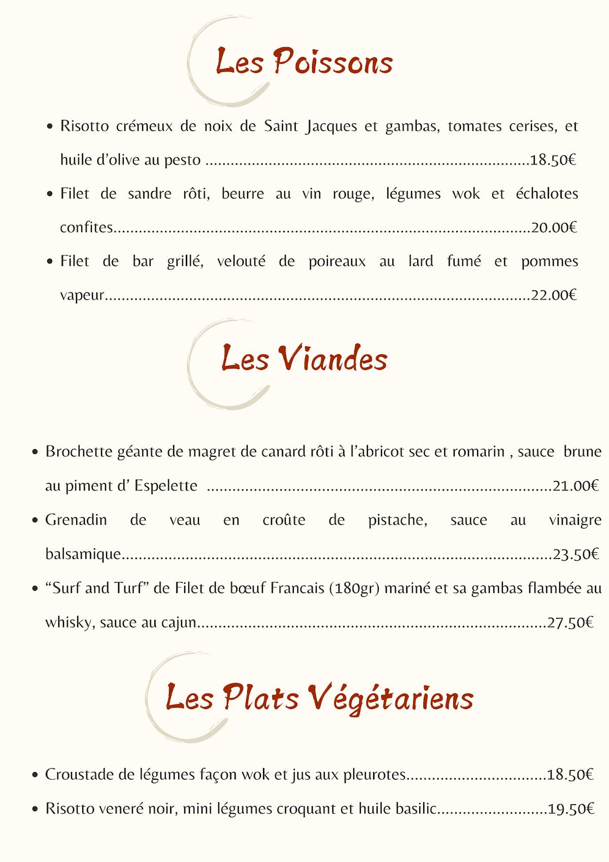 Menu de Les Terres Rouges