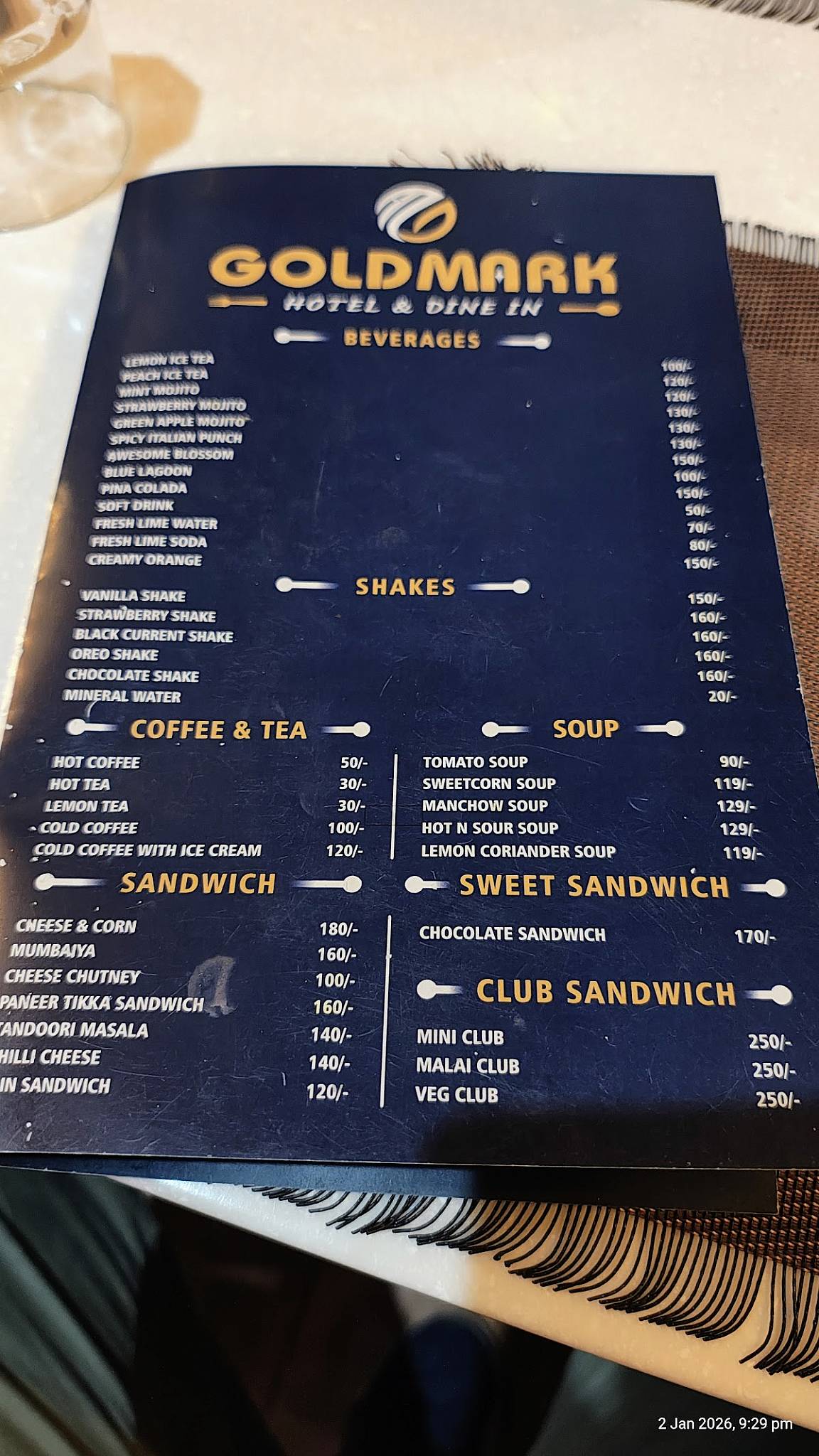 Goldmark Dine In menu