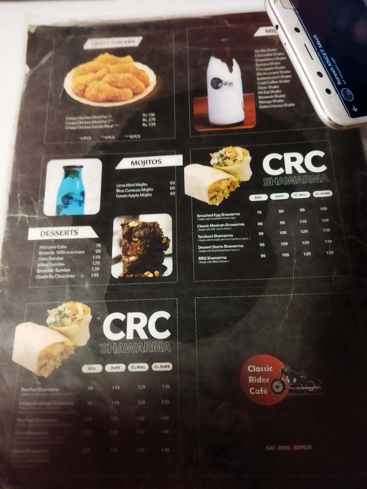 Classic Rider Café Rasipuram menu