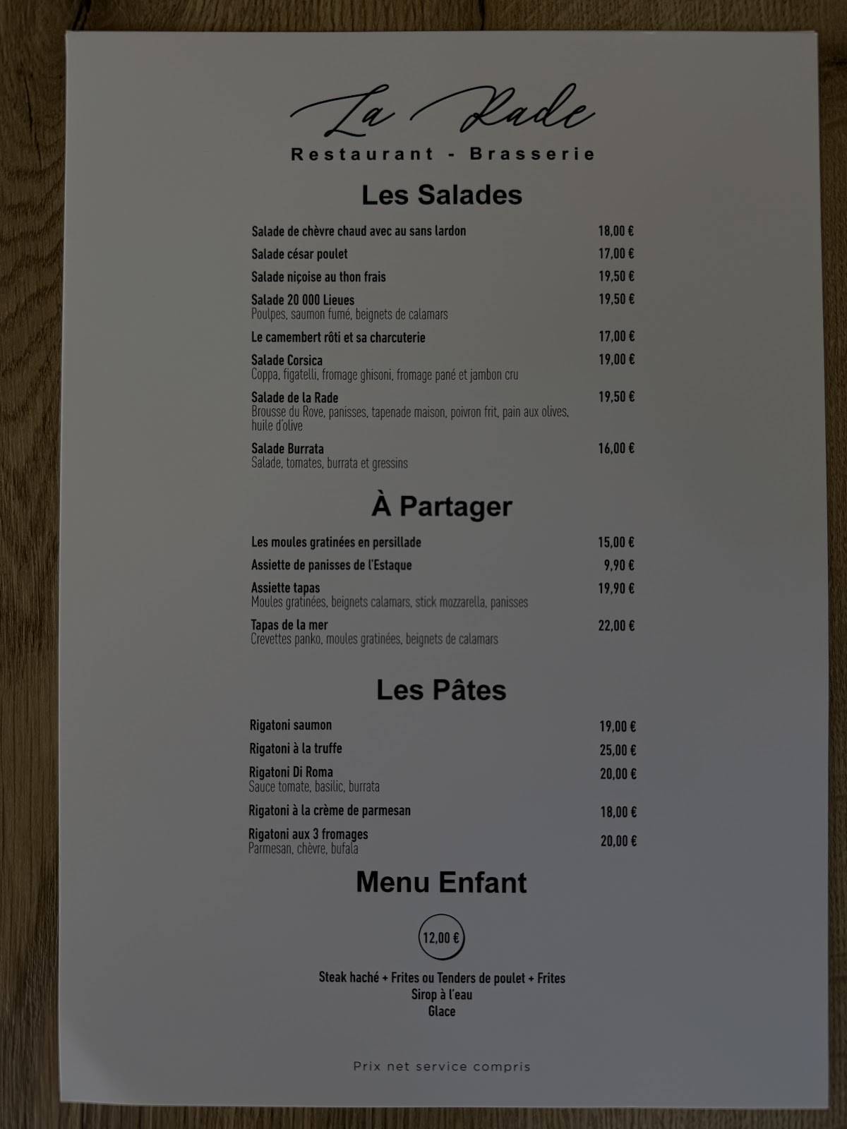 Menu de Restaurant La Rade