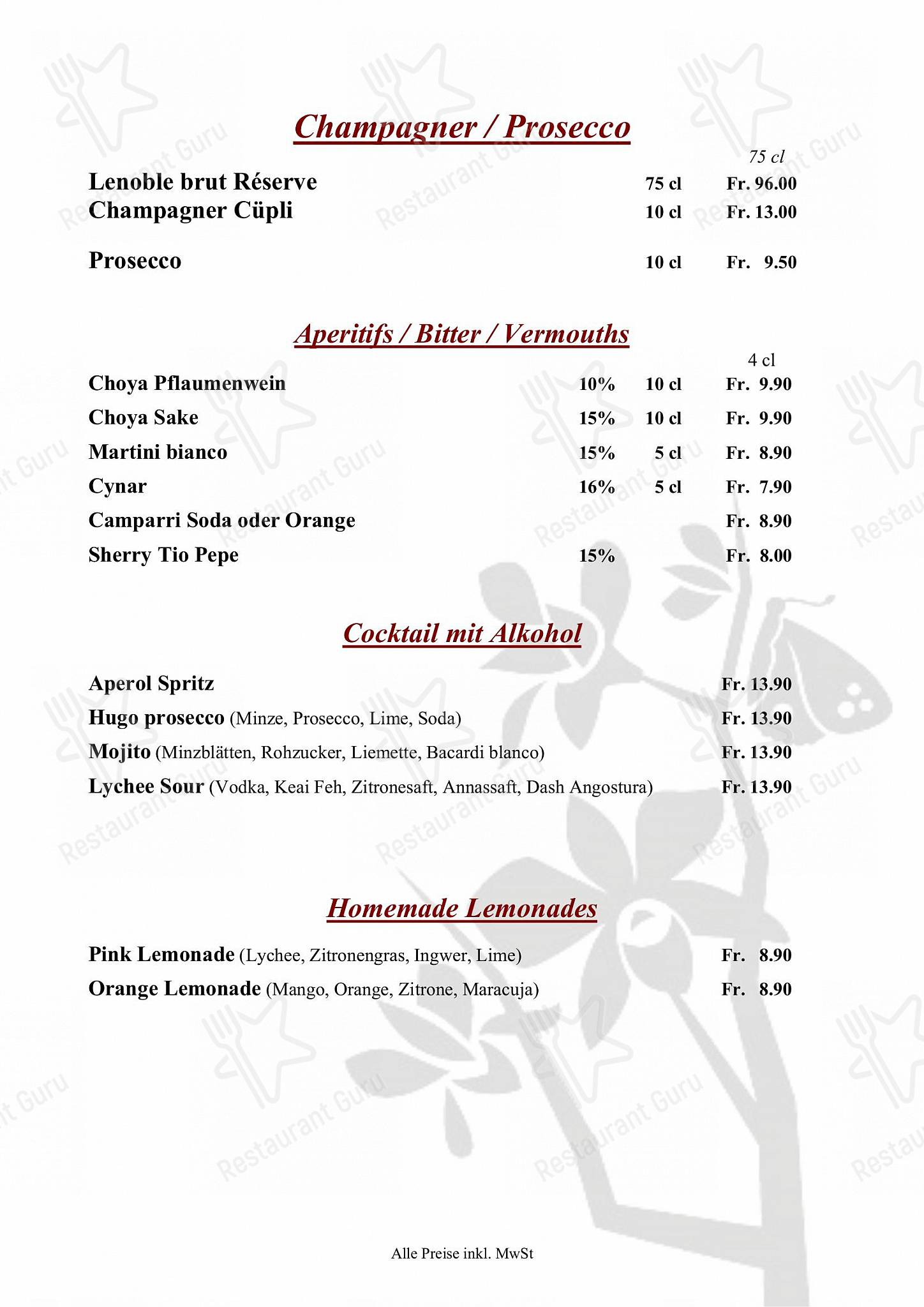 Yan-Ruyi Restaurant in Zurigo - Table Menu