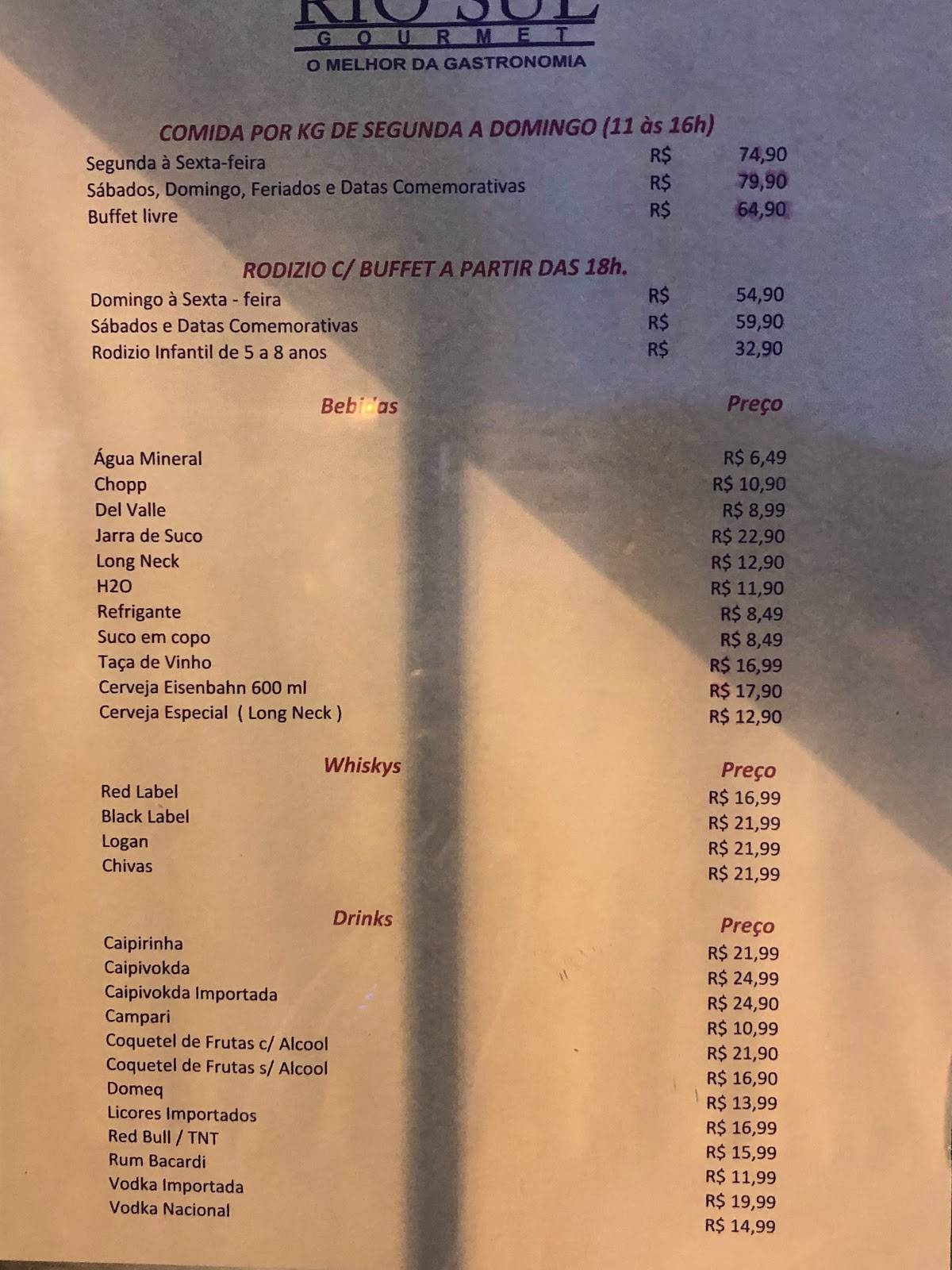 Rio Sul Gourmet cardápio