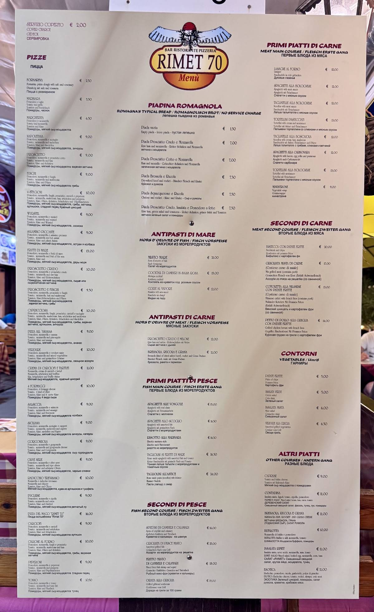 Menu di Ristorante Rimet 70 