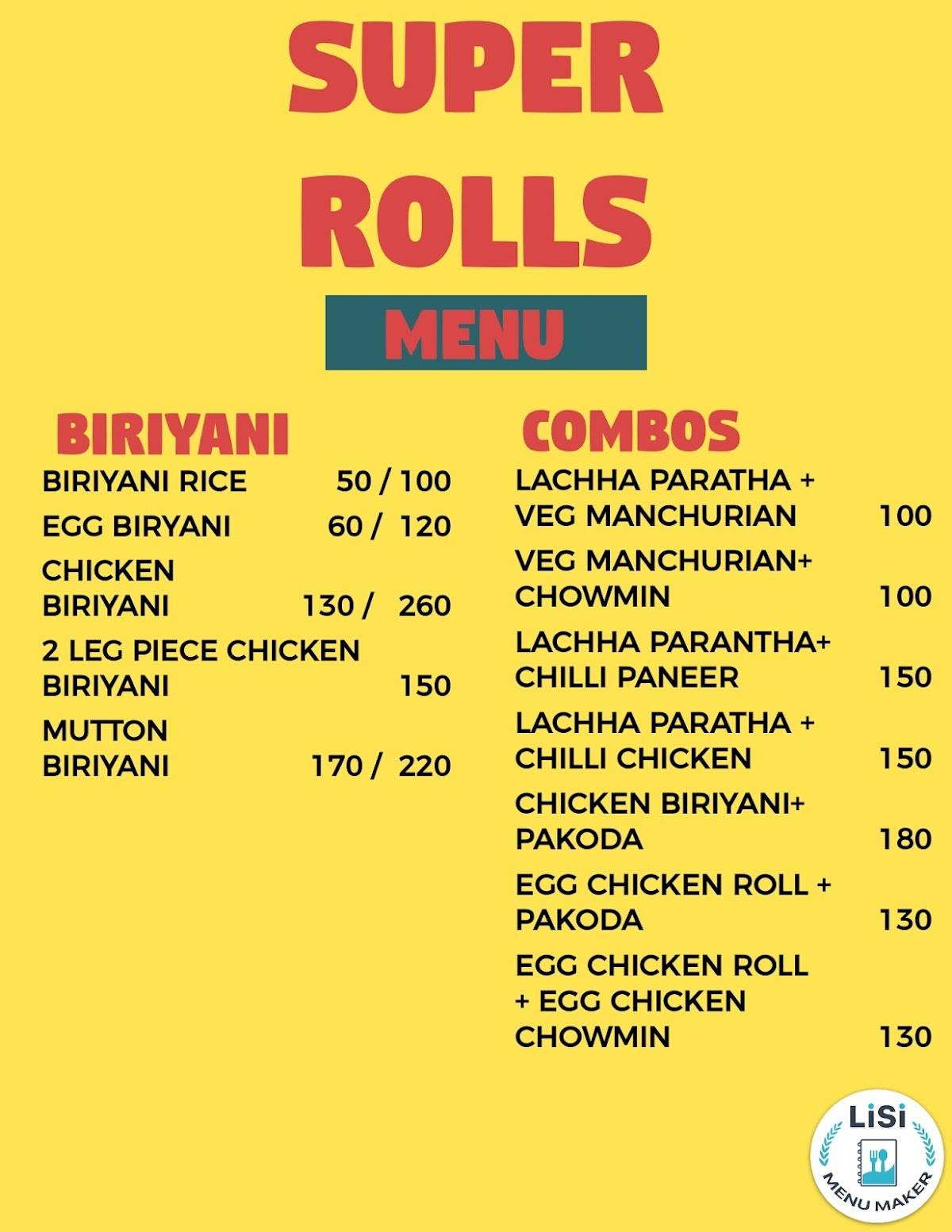 SUPER ROLLS menu