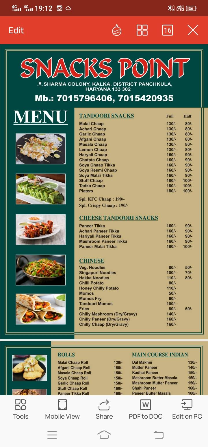 Snacks Point Kalka menu
