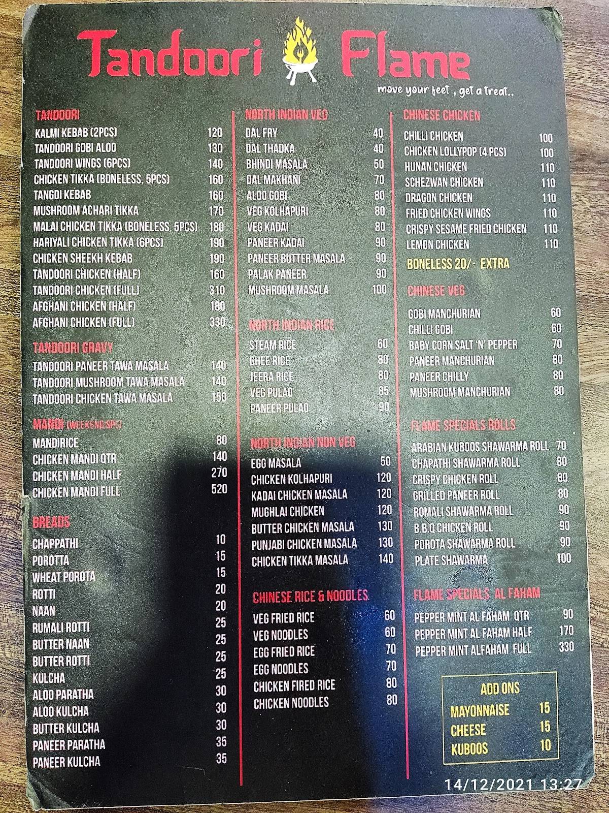 TANDOORI FLAME menu