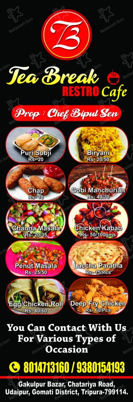 Tea Break Restro menu - dishes and beverages
