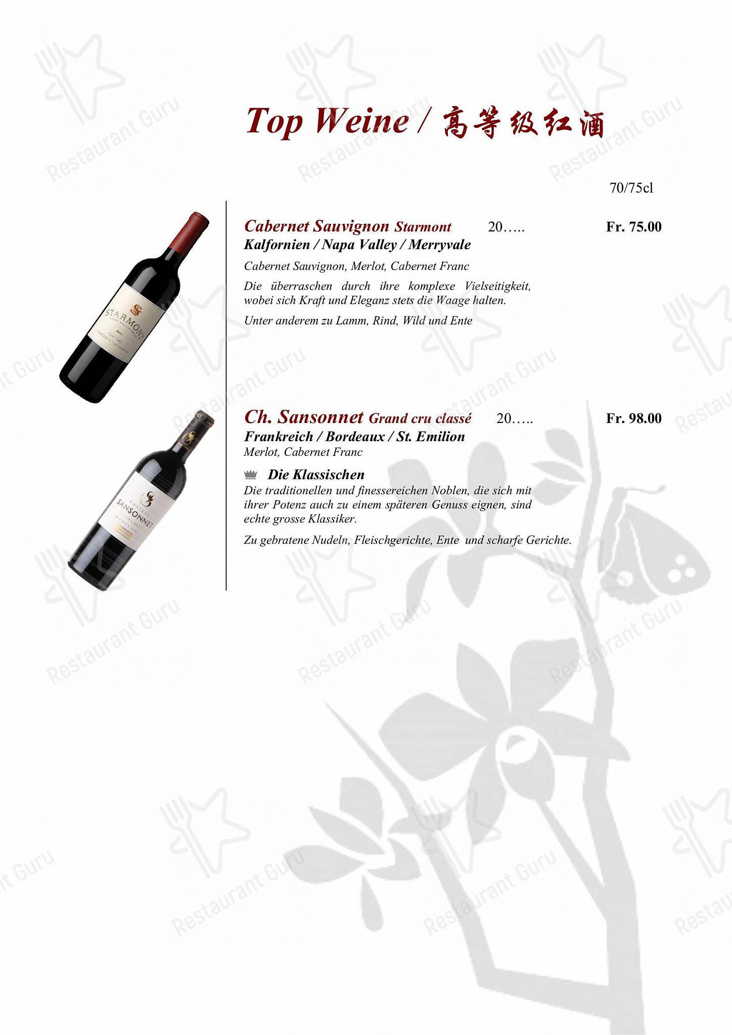 Table Menu per Yan-Ruyi Restaurant ristorante