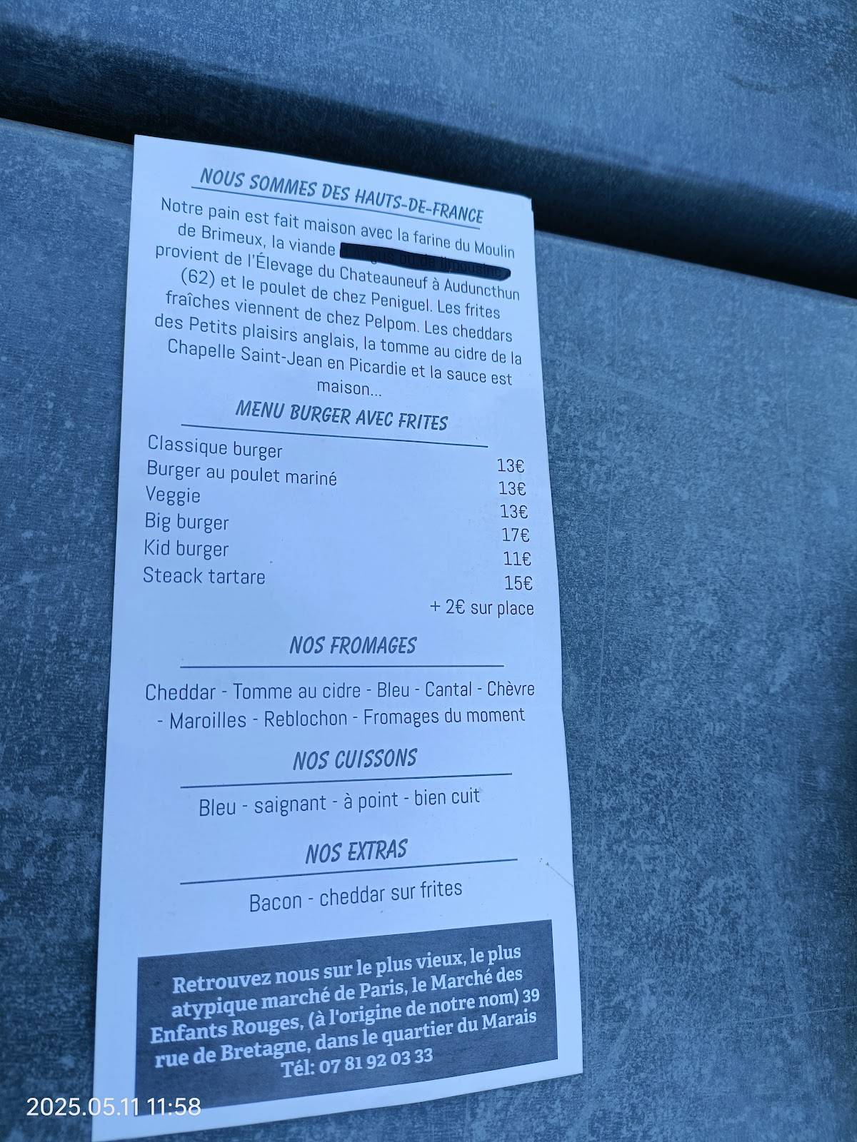 Menu de Burger Fermier des Enfants Rouges, Wimereux