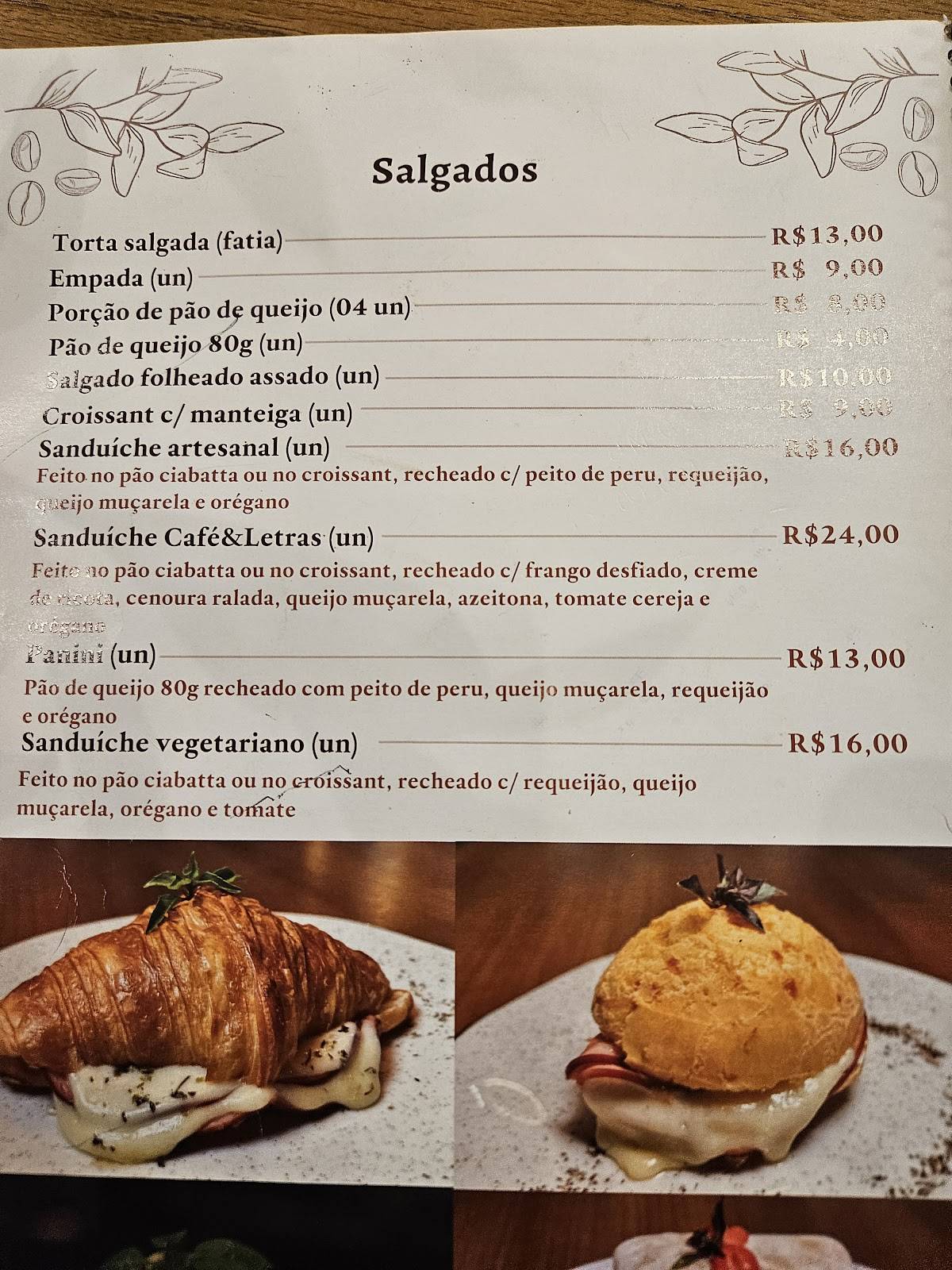 Café e Letras cardápio